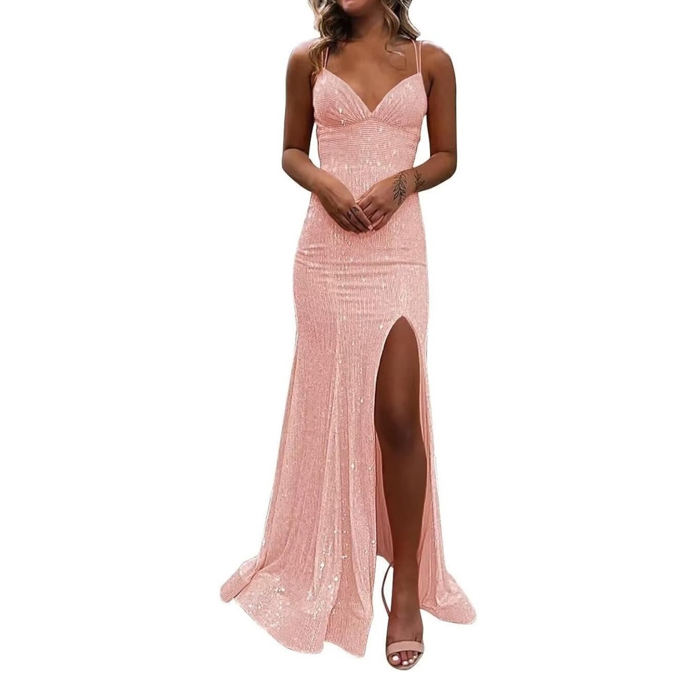 Blush Pink Long VNeck Mermaid Sequin Formal Evening Gown with Slit -2 New W/ Tag